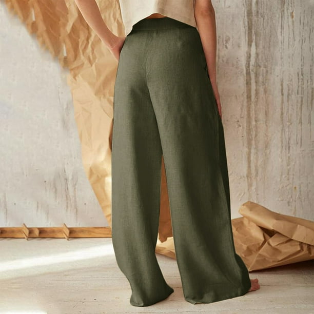 Pantalones Anchos Pantalones de pierna ancha para mujer Pantalones casuales  de cintura alta de algodón con bolsillos (Caqui XL) Ygjytge para Mujer  Caqui T XL