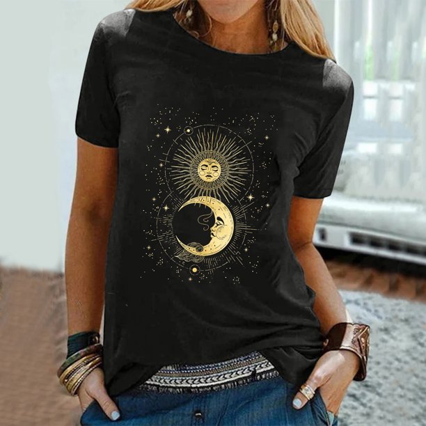 Puntoco Camiseta con estampado de estrellas y sol para mujer