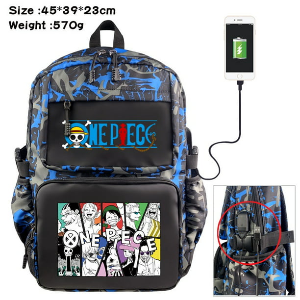 [Ready Stock] Mochila One Piece, mochila con Cable de datos de carga USB  periférico de Anime, mochila impermeable de nailon de camuflaje, mochila