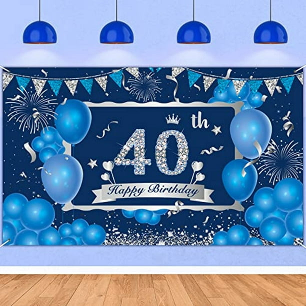 Azul 40th Birthday Decoraciones Banner para Hombres Mujeres, Azul Marino  Plata Feliz 40 Cu ZELARO ZELARO