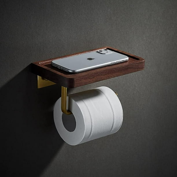 Soporte de papel higiénico de madera con estante, dispensador de papel  higiénico rústico y estante para teléfono, sin taladrar ni atornillar,  montado