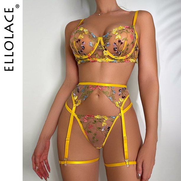 Lencería Ellolace, ropa interior de encaje sensual, bordado transparente,  ligas de 3 piezas, bonitos Tan Jianjun unisex