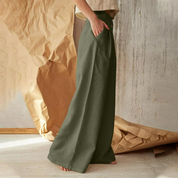 Pantalones Anchos Pantalones de pierna ancha para mujer Pantalones sueltos  de algodón informales con bolsillos (Verde militar M) Cgtredaw para Mujer  ejercito verde T XL
