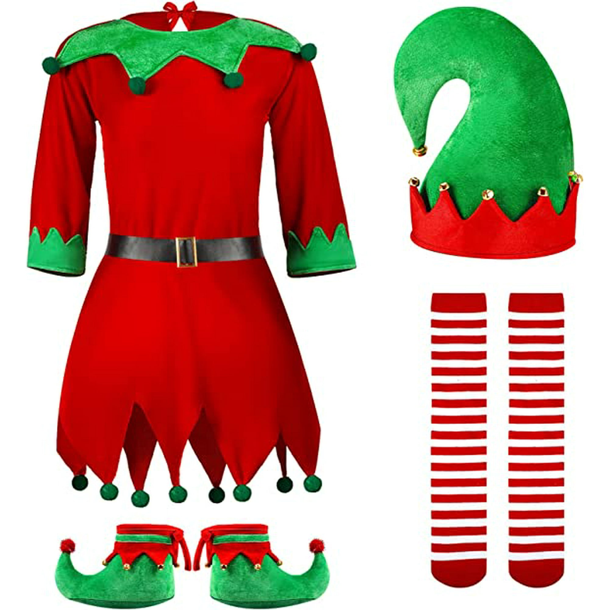  Conjunto de vestido de Navidad para niña, disfraz de elfo para  niña, regalos de Navidad con medias y clip para el cabello, disfraz  preescolar, 3-10 años : Ropa, Zapatos y Joyería