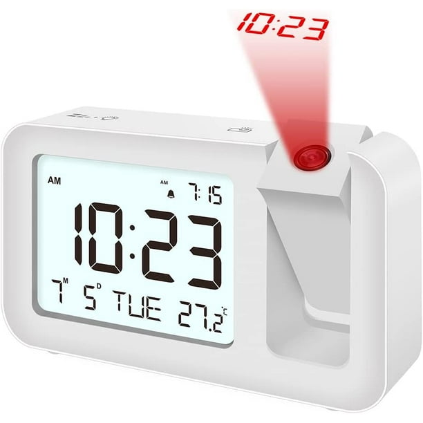 Reloj despertador de proyección con proyector giratorio de 120 °, brillo  ajustable de 4 niveles, reloj despertador de techo, volúmenes ajustables  para dormitorio