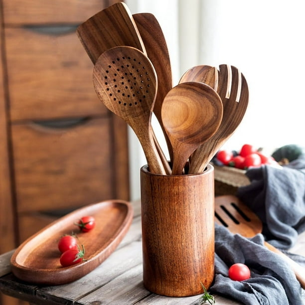 Cucharas de madera para cocinar, juego de utensilios de cocina  antiadherentes, cucharas de madera, juego de utensilios de cocina,  utensilios de madera de teca natural que no se rayan para cocinar