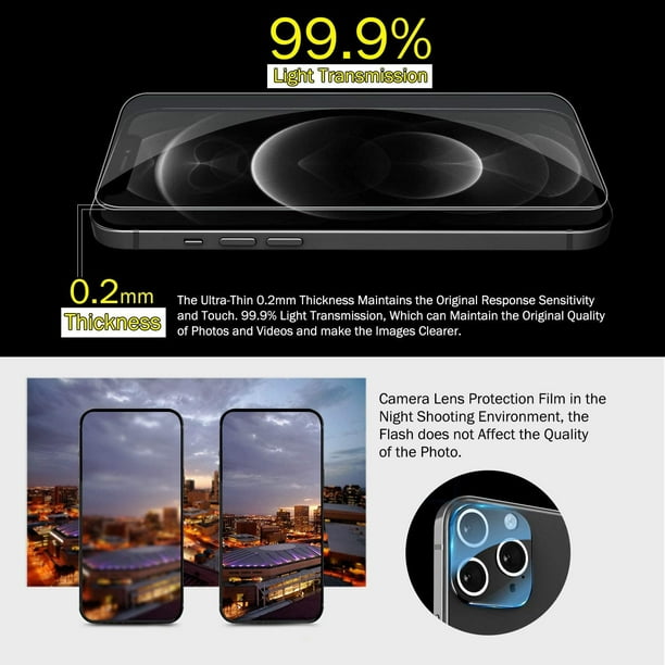QHOHQ Paquete de 3 protectores de pantalla para iPhone 12 [6.1 pulgadas]  con 2 paquetes de protector de lente de cámara de vidrio templado, película