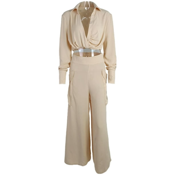 Conjunto de dos piezas de lino y algodón para mujer, blusa elegante con  cuello en V y pantalones largos con botones, traje liso de manga larga