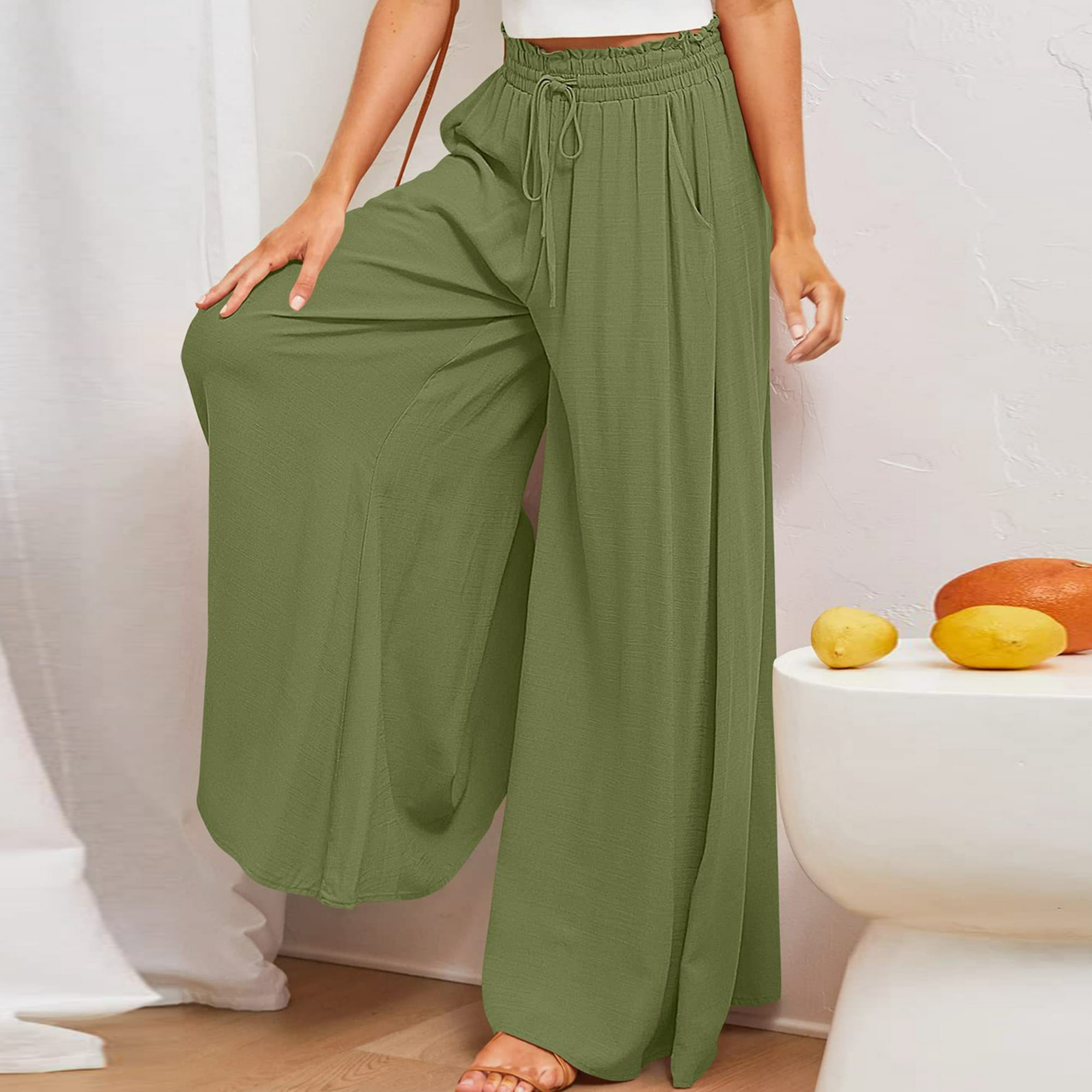 Pantalones verdes de pierna ancha Mujer, Pantalones verdes de moda, Pantalones de cintura alta H-Line