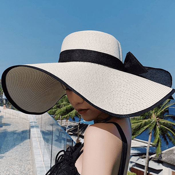 Sombrero de paja grande con lazo para mujer, gorra de playa enrollable plegable  grande flexible, gorra de playa con protección UV MFZFUKR CPB-DE-WX341-1