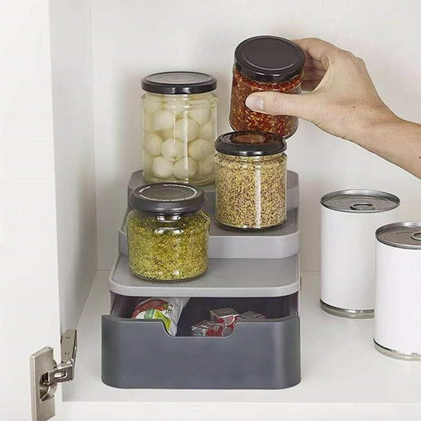 Especiero de 3 niveles con cajón para gabinete de cocina y organización de  despensa, plástico duradero, superficie antideslizante, gris