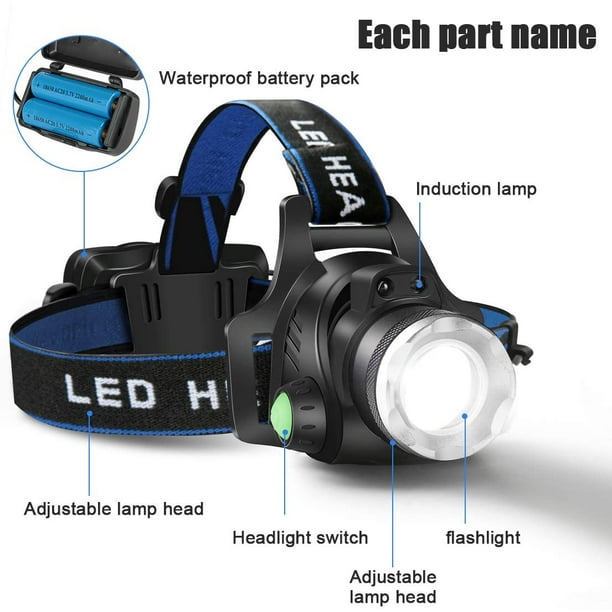 Linterna frontal, lámpara de cabeza LED recargable por USB, linterna  frontal impermeable T6 con 4 modos y diadema ajustable, perfecta para  acampar, caminar, cazar Adepaton WRMH-430