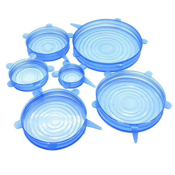 Paquete de 6 tapas elásticas de silicona, color azul, transparente,  lavables y reutilizables, se adapta a