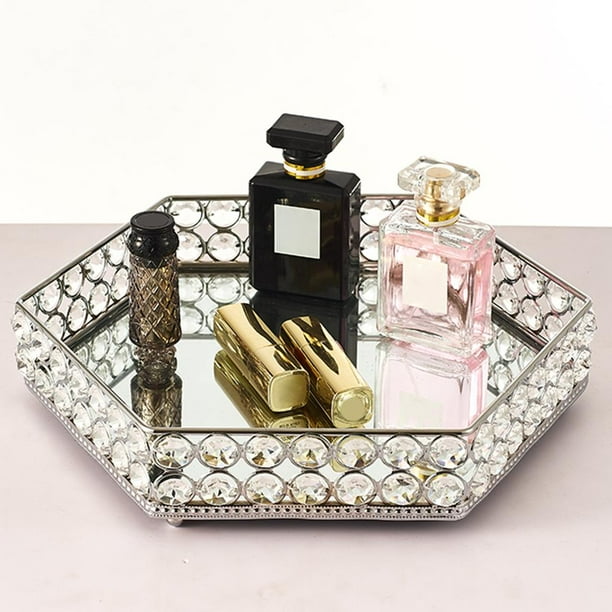 Bandeja de almacenamiento decorativa para productos cosméticos en cuentas  de cristal con bandejas decorativas con fondo de espejo