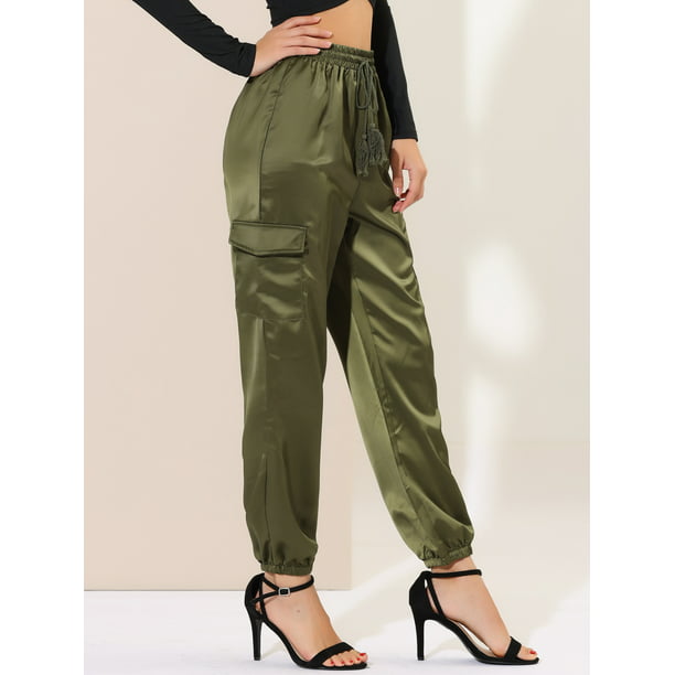 Pantalones cargo de satén sedoso de tiro alto elástico con cordón para  mujer Verde M Unique Bargains Pantalones