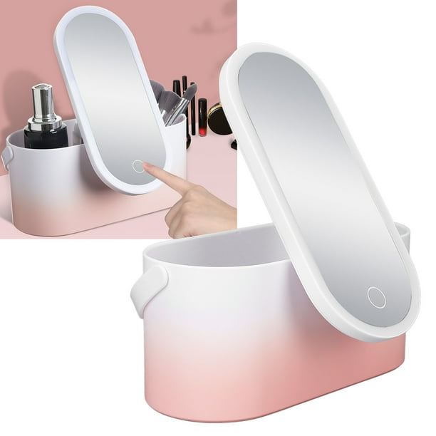 Estuche de maquillaje con gradiente rosa, Caja de almacenaje para maquillaje  con luz LED giratoria plegable de gran capacidad, portátil, con espejo de  maquillaje