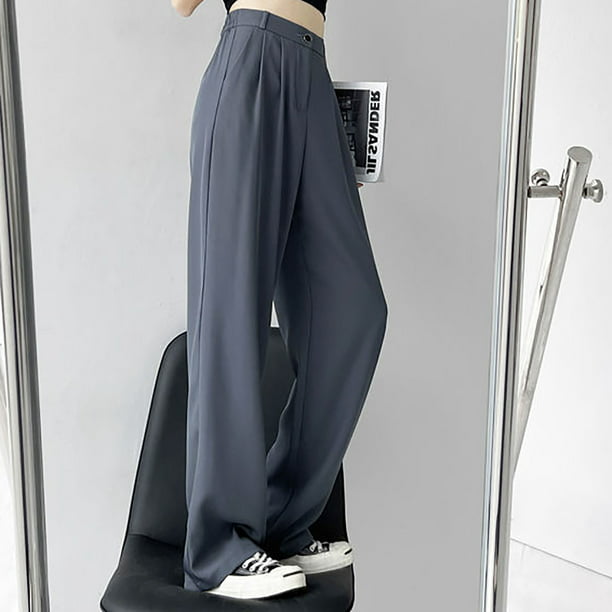 Pantalones sueltos de longitud completa informales a la moda para mujer,  pantalones de cintura alta sólidos, pantalones largos rectos de pierna  ancha Fridja alkflakhf33652