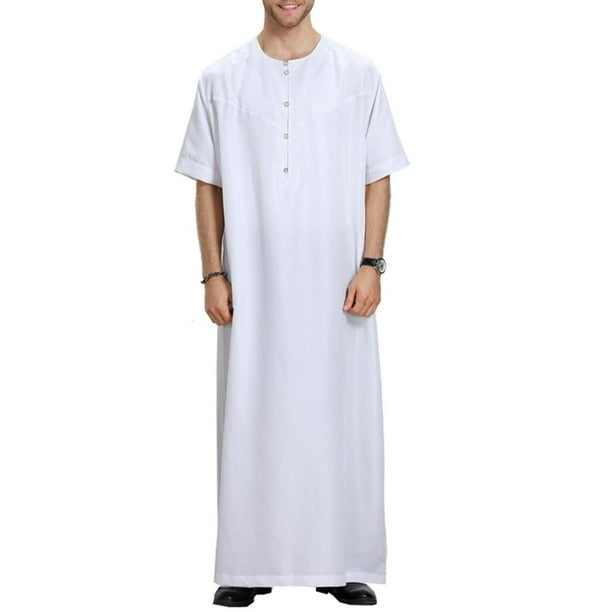 Vestido musulmán masculino, túnica blanca pura de túnica islámica, vestido  de oración musulmana de hombres, thobe musulmán, túnica de manga de manga  de manga casual sin cuello sin cuello suelto : 