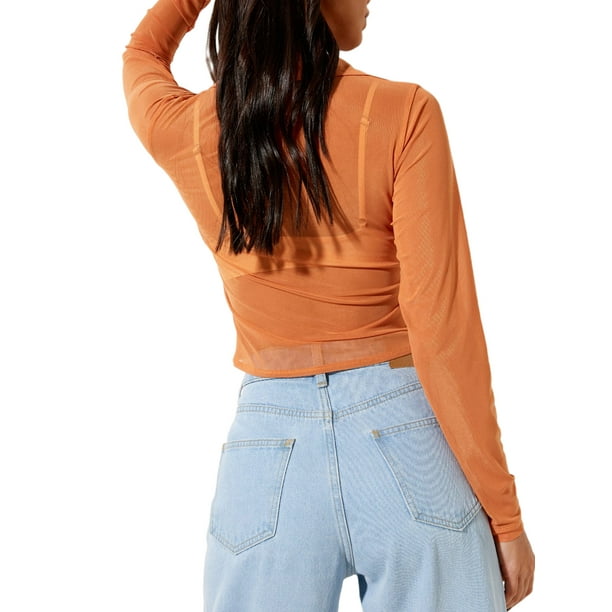  Camiseta de malla transparente para mujer, con botones en la  parte delantera, manga larga, con lunares, hombros caídos, C-blanco : Ropa,  Zapatos y Joyería