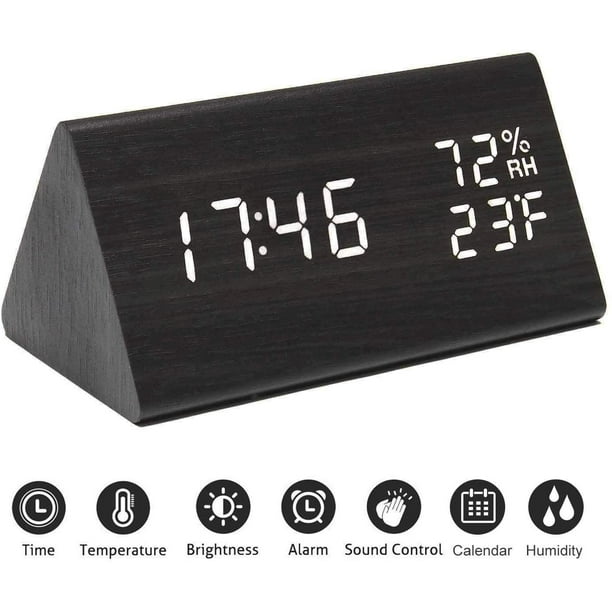 Despertador digital con pantalla LED electrónica, de madera, 3 ajustes de  alarma, detección de humedad y temperatura, relojes eléctricos hechos en