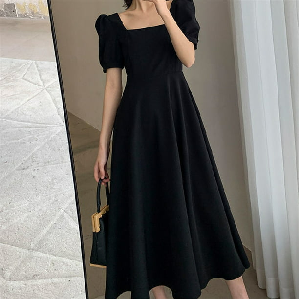 Comprar Vestido negro Vintage para mujer, vestidos Retro elegantes  envolventes por debajo de la rodilla, ropa lisa de manga larga coreana  Harajuku, moda de primavera