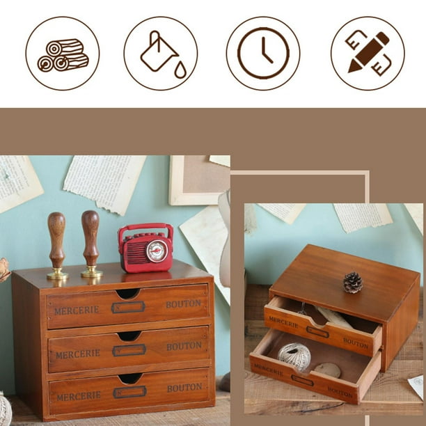 Organizador de cajones de escritorio de madera, organizador de escritorio  con cajones, caja de almacenamiento de madera de mesa vintage, para