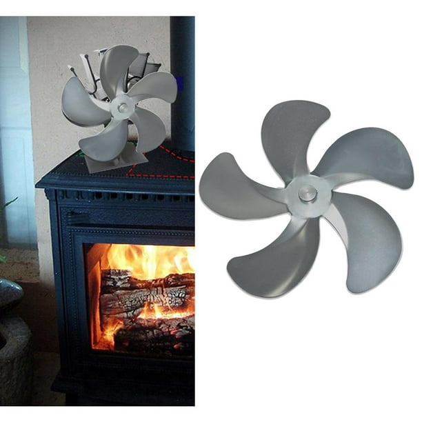 Ventilador de estufa de leña de 5 cuchillas para chimenea (plata)