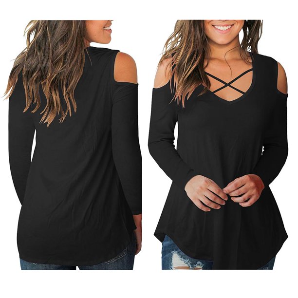 Camisa de manga larga para mujer hombros descubiertos s Blusa cuello en V  de verano Camisas Soledad Criss Cross V cuello Tops