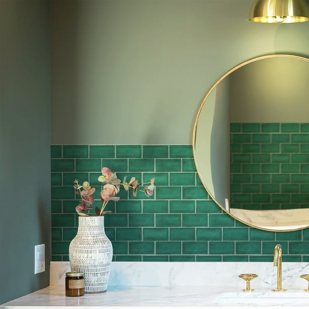 Papel pintado autoadhesivo para azulejos, color verde, 30 x 25 cm, adhesivo  de pared estilo mosaico, película decorativa impermeable para azulejos de  pared de baño y cocina JM
