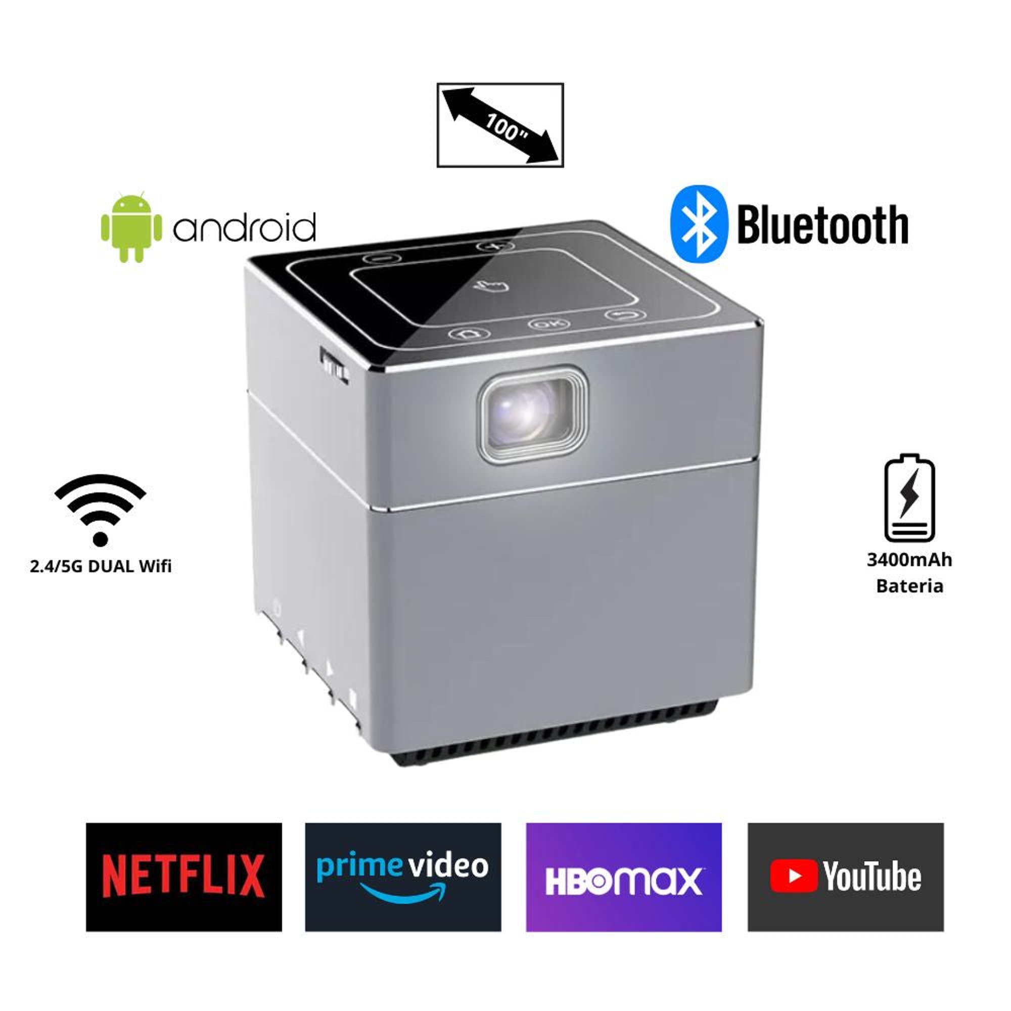 Proyector Portatil CUBE MINI con Smart TV, Netflix, , Apps (Android)  HDMI - Bateria 2 horas