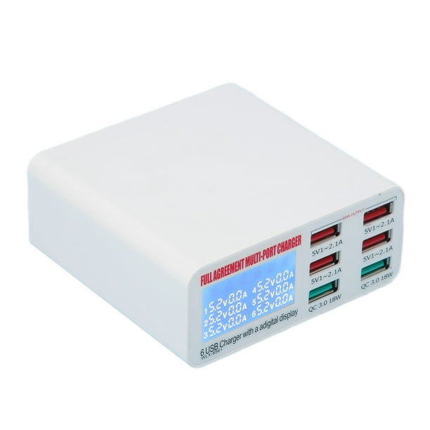 Cargador de pared USB múltiple QC3.0, adaptador USB de 6 puertos múltiples,  enchufe de alimentación, cubo de bloque de carga rápida con pantalla LED,  enchufe de 100-240VUS