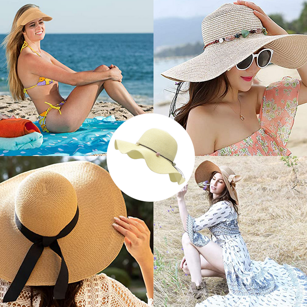 Sombrero de paja para mujer, sombrero de playa de ala ancha, plegable,  grande, para mujer, tejido de papel natural Adepaton CPB-DE-WX343-2