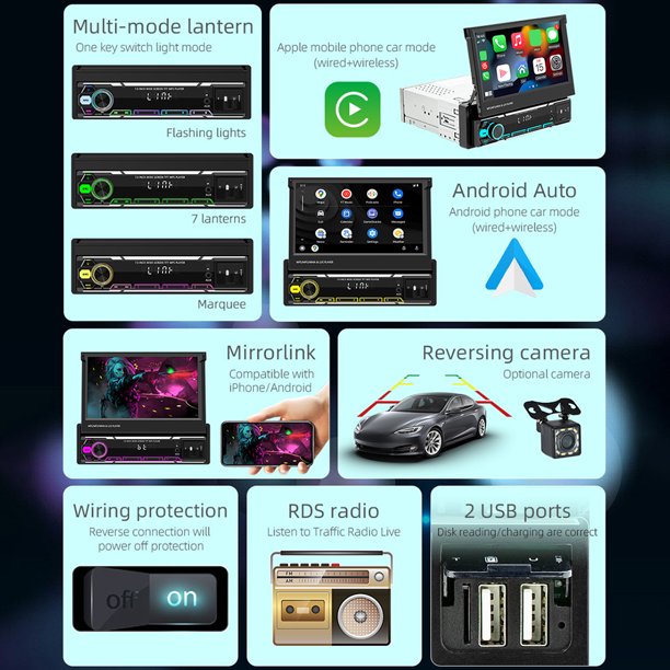 Radio Inalámbrica Para Coche Cámara de radio para coche estéreo para coche  inalámbrico Carplay Android de 7 pulgadas (con 12 LED)