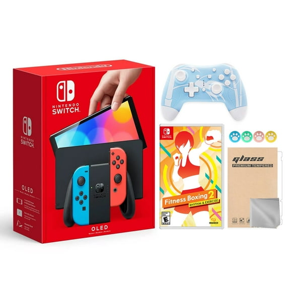 2021 new nintendo switch oled model neon red  blue joy con 64gb console hd screen  lanport dock with fitness boxing 2 rhythm  exercise and mytrix wireless pro controller and accessories nintendo hegskabaa
