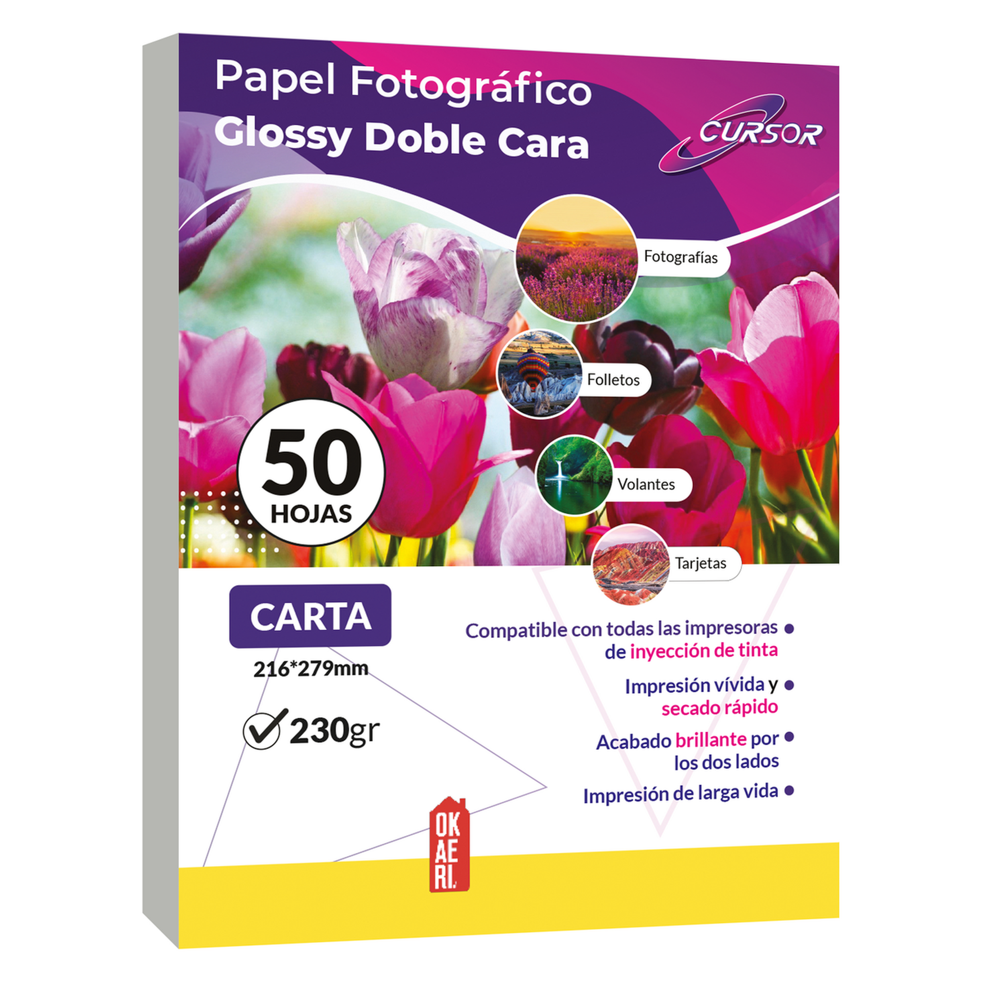 Papel fotográfico doble cara 230g carta 50 hojas glossy cursor blanco carta