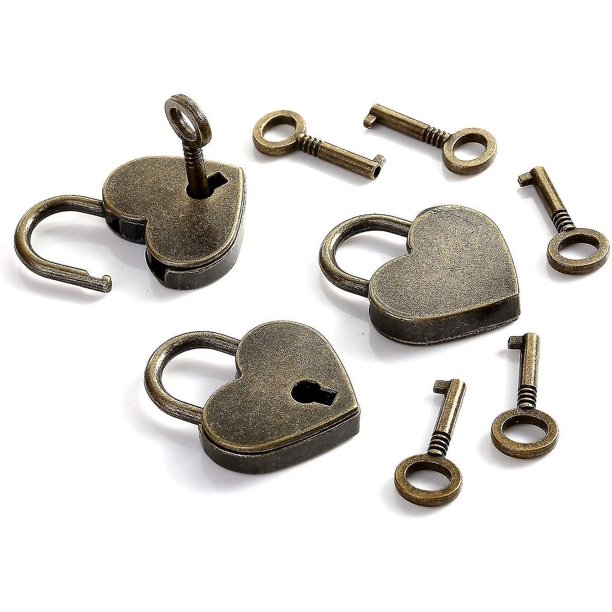 3 unids Mini bronce antiguo candado pequeño metal en forma de corazón  estilo arcaize cerradura en forma de corazón Mini cerradura con llave