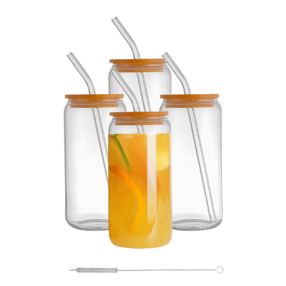 juego de 4 vasos refresher de vidrio 500 ml con tapa de bambú y cepillo limpiador  frascos altos resistentes para bebidas con tapa hermética de alta calidad sin bpa