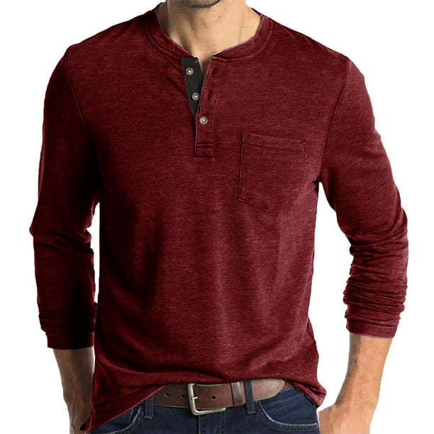 Camisas de manga larga para hombre, con botones, color sólido, de  compresión, ajustada, cuello redondo, camisetas, Multicolor, L