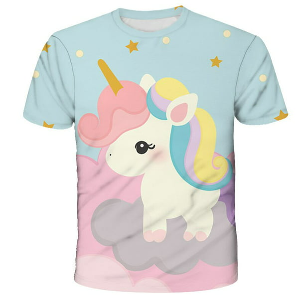 Verano niñas 3-14 años unicornio camiseta 3d estampado lindo dibujos animados Tops manga corta camisetas Kids10T Gao Jinjia LED Walmart en línea
