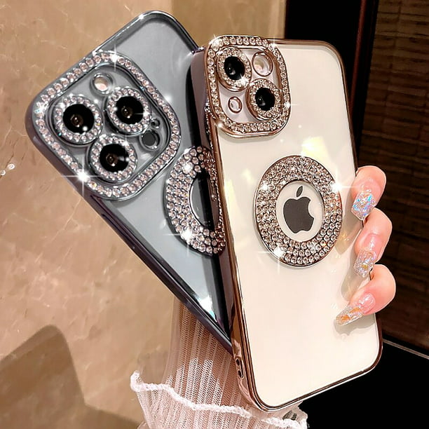 Funda de teléfono transparente galvanizada de lujo para iPhone 11, 12, 13,  14 Pro Max Plus, funda de diamantes de imitación suave con purpurina hueca  Fivean unisex