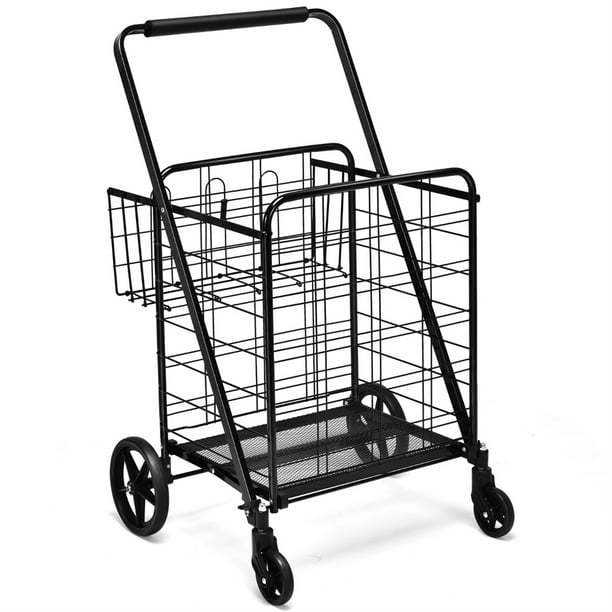 SUPER DEAL Carrito de compras plegable con ruedas y cesta doble para  comestibles, lavandería, libro, equipaje de viaje, color negro