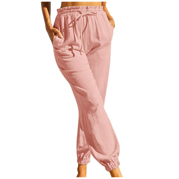 Pantalones de algodón y lino elásticos de color sólido informales a la moda  para mujer Pompotops ulkah939736