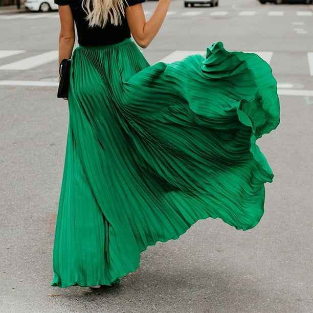 Falda Plisada Falda elegante para mujer Falda larga de talle alto Ropa  diaria retro (Verde XL) Cgtredaw Para estrenar