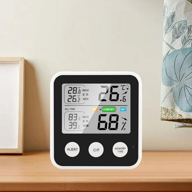Termómetro digital higrómetro medidor de temperatura para interiores y  exteriores, medidor de humedad con reloj despertador LCD, para oficina en  casa