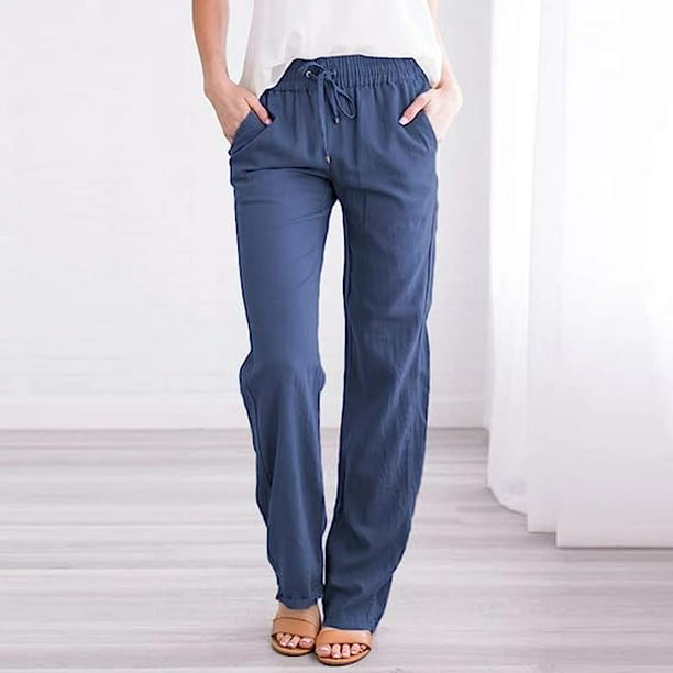 Pantalones de algodón y Lino con cordón de Cintura Alta para Mujer