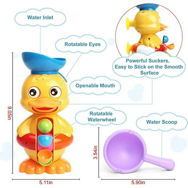 Juguetes de bañera para niños pequeños de años - Juguetes de bañera de pato  con rueda hidráulica/ojos giratorios - Cuarto de baño Ventosas fuertes  Cuchara de agua Juguetes de baño divertidos para