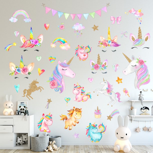 Vinilos decorativos para niños, adhesivos de pared de unicornio, adhesivos  de pared de dibujos animados de unicornio, adhesivos de pared de arcoíris para  niños JM