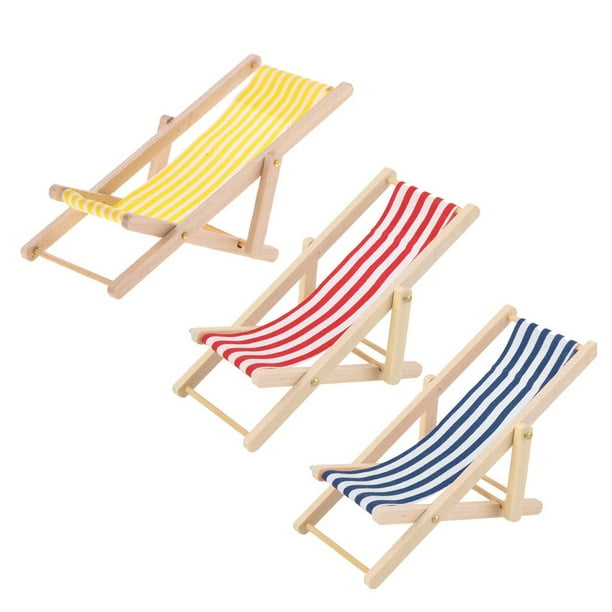 3 piezas 1:12 silla de playa de madera plegable en miniatura, mini silla de  cubierta Longue, mini accesorios de muebles con rayas rojas/azules para