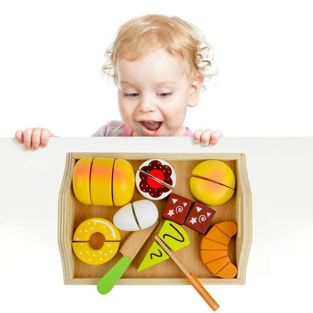 Juego de frutas y verduras de corte de madera para niños, juego de juguetes  de comida con cuchillo de madera y bandeja, juguetes de aprendizaje para