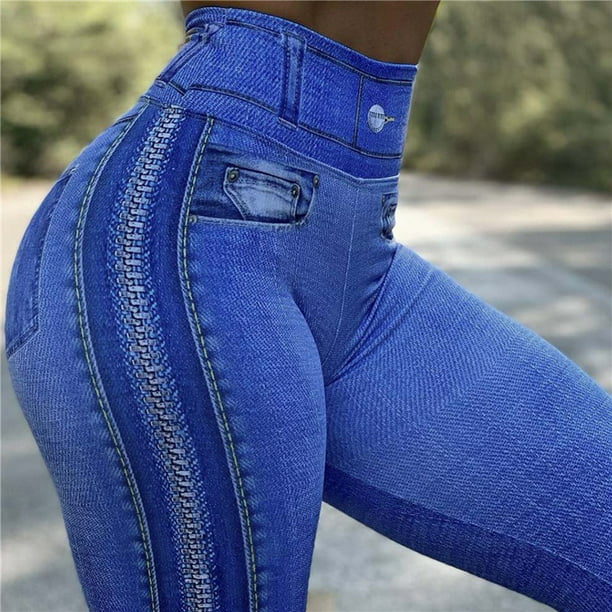 Slim Mujeres Leggings Faux Denim Jeans Cintura Alta Elástico